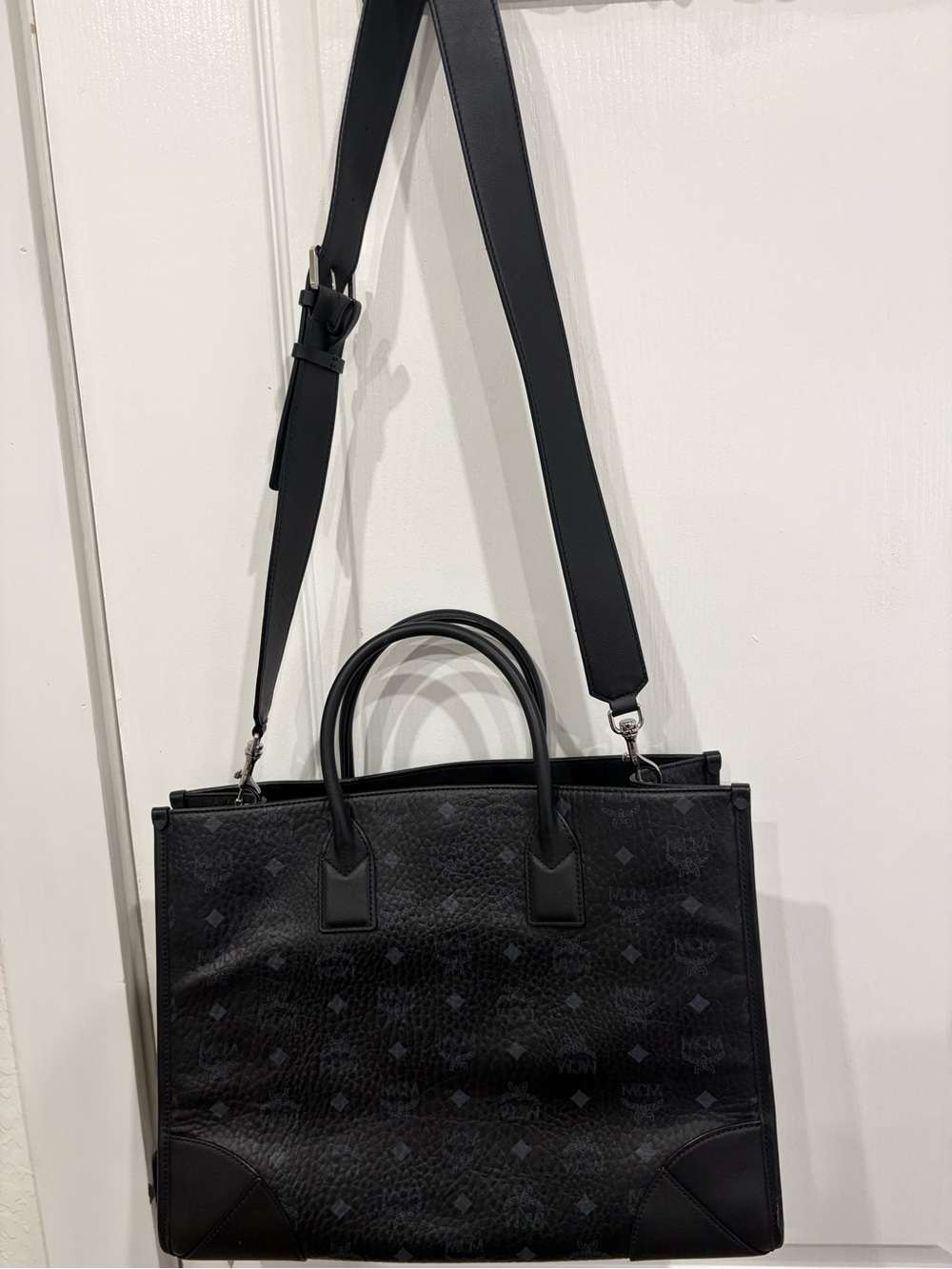 MCM Black Monogram Leather Crossbody Tote with Adjustable Strap